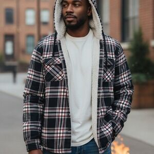 Boston Traders Men's Plaid Hooded Flannel Jacket with Sherpa Lining